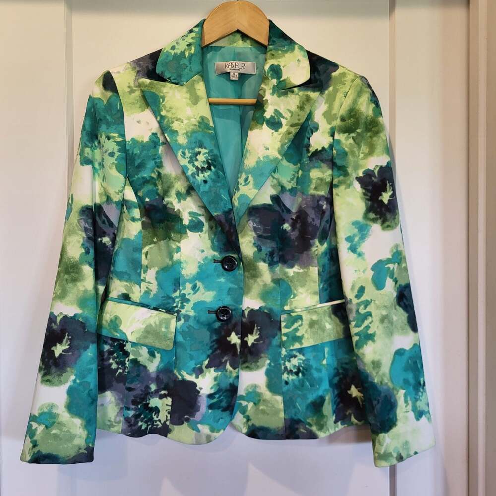 Kasper Separates Floral Watercolor Print Two-Button Blazer, size 6